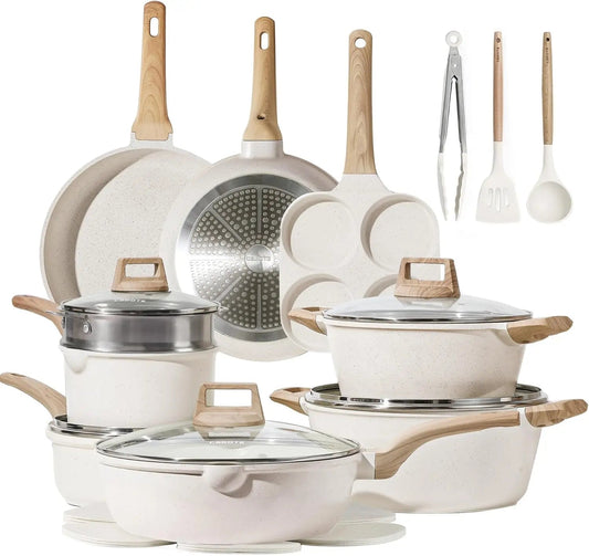 21Pcs Pots and Pans Set, Nonstick Cookware Sets, Granite Induction Cookware Non Stick Cooking Set w/Frying Pans & Saucepans - Blu Lotus Boutique
