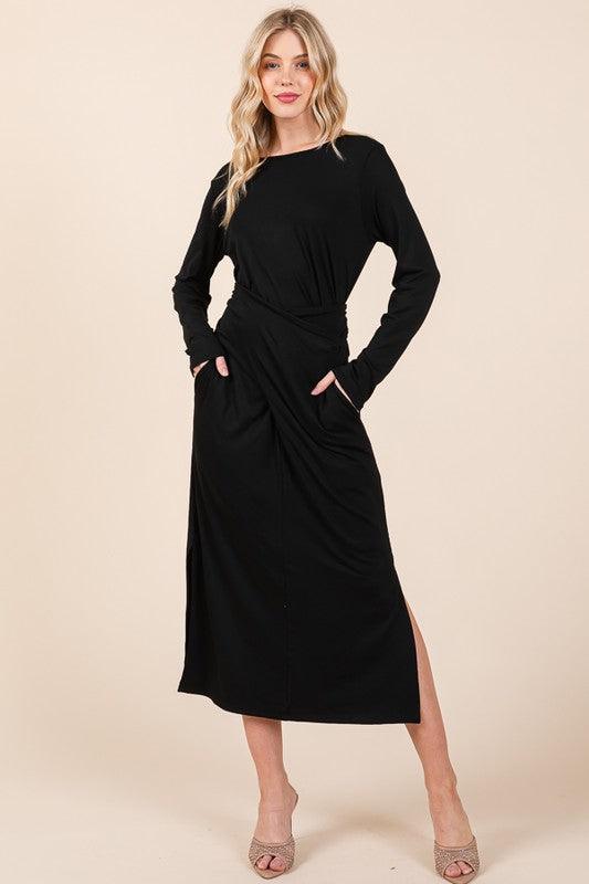 Waist Wrap Dress-with Pockets-SOLID - Blu Lotus Boutique