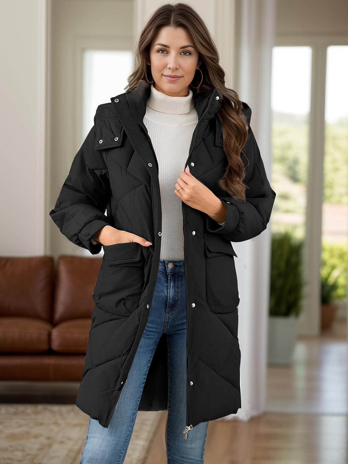 Long Sleeve Longline Hooded Winter Coat with Pockets - Blu Lotus Boutique