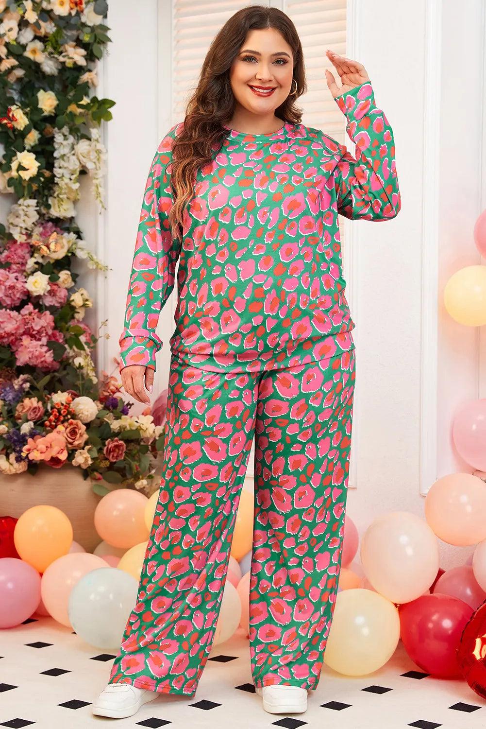 Plus Size Printed Round Neck Long Sleeve Top and Pants Set - Blu Lotus Boutique