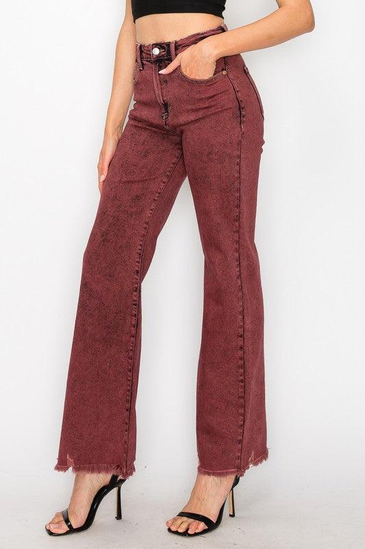 TUMMY CONTROL BURGUNDY HIGH RISE FLARE JEANS - Blu Lotus Boutique