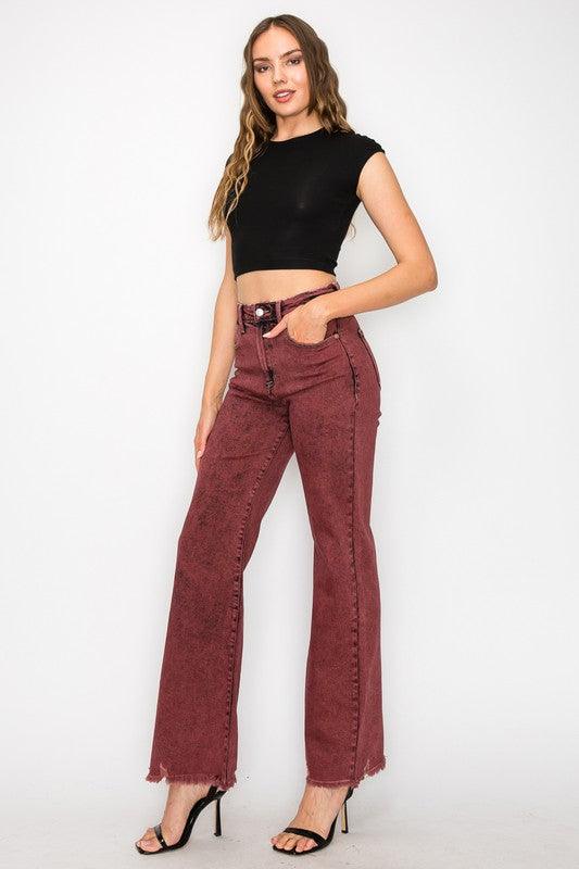 TUMMY CONTROL BURGUNDY HIGH RISE FLARE JEANS - Blu Lotus Boutique