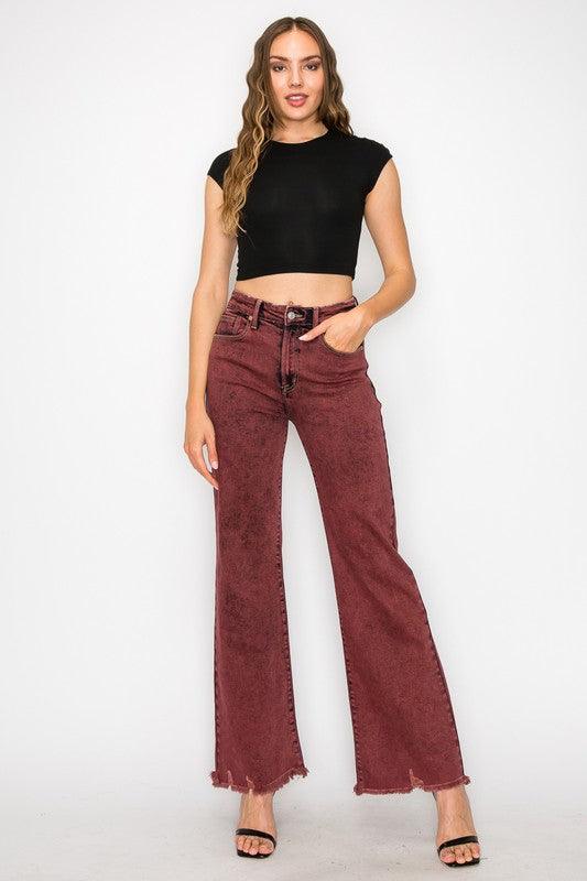 TUMMY CONTROL BURGUNDY HIGH RISE FLARE JEANS - Blu Lotus Boutique