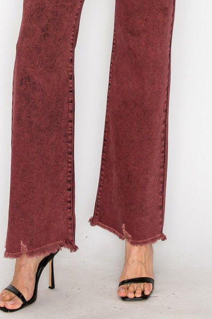 TUMMY CONTROL BURGUNDY HIGH RISE FLARE JEANS - Blu Lotus Boutique