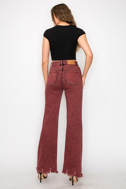 TUMMY CONTROL BURGUNDY HIGH RISE FLARE JEANS - Blu Lotus Boutique