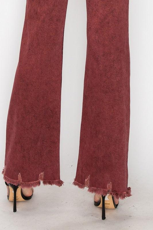 TUMMY CONTROL BURGUNDY HIGH RISE FLARE JEANS - Blu Lotus Boutique