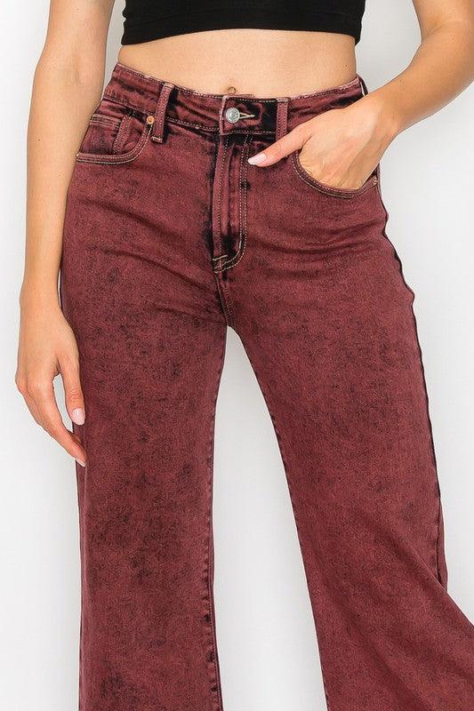 TUMMY CONTROL BURGUNDY HIGH RISE FLARE JEANS - Blu Lotus Boutique