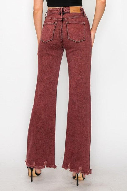 TUMMY CONTROL BURGUNDY HIGH RISE FLARE JEANS - Blu Lotus Boutique