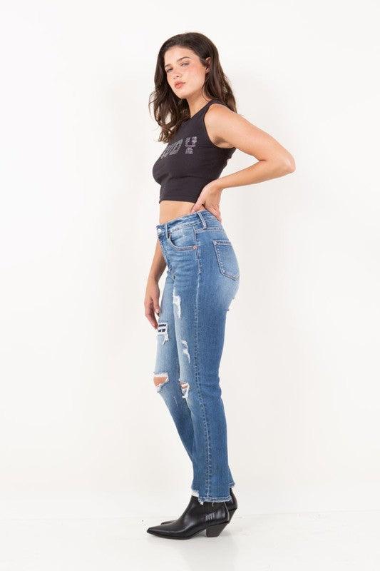 MESH TUMMY CONTROL HIGH RISE STRAIGHT JEANS - Blu Lotus Boutique