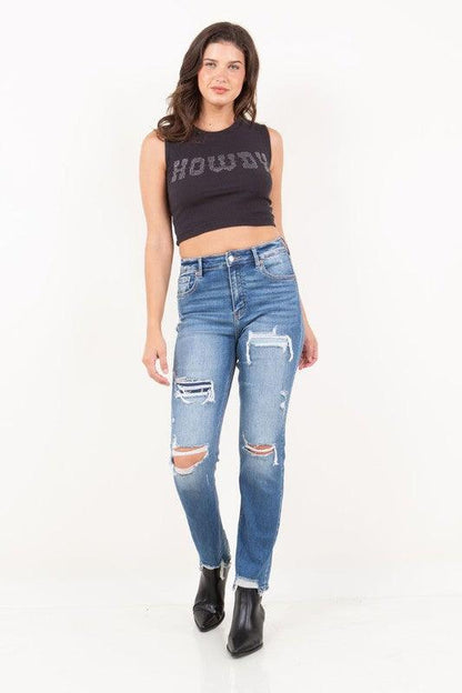 MESH TUMMY CONTROL HIGH RISE STRAIGHT JEANS - Blu Lotus Boutique