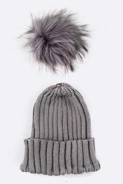 Raccoon Fur PomPom Beanie