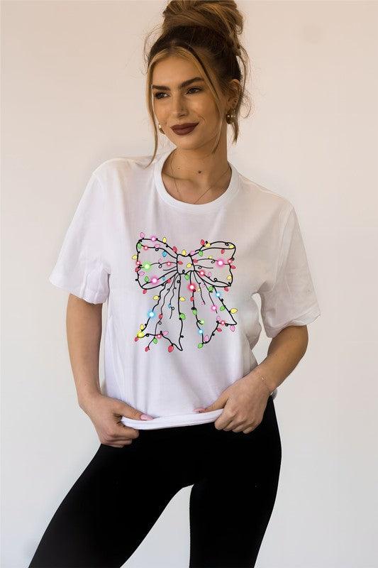 Christmas Bow Lights Holiday Graphic Tee - Blu Lotus Boutique