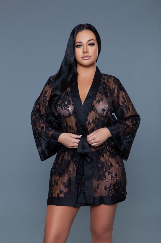 2275 Delia Robe Floral Lace Robe with Satin Trimmi - Blu Lotus Boutique