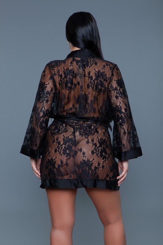2275 Delia Robe Floral Lace Robe with Satin Trimmi - Blu Lotus Boutique