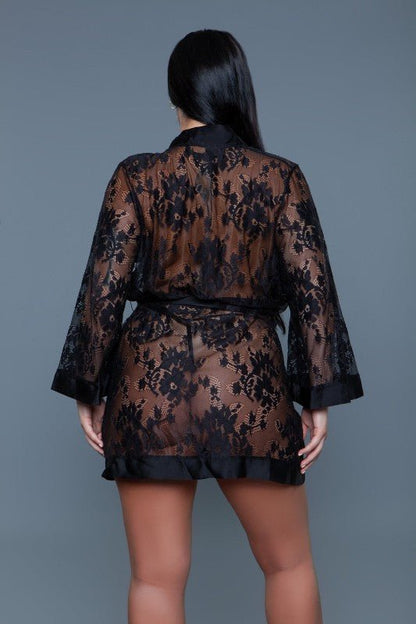 2275 Delia Robe Floral Lace Robe with Satin Trimmi - Blu Lotus Boutique
