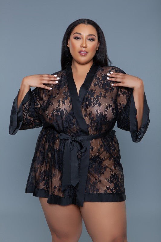 2275 Delia Robe Floral Lace Robe with Satin Trimmi - Blu Lotus Boutique