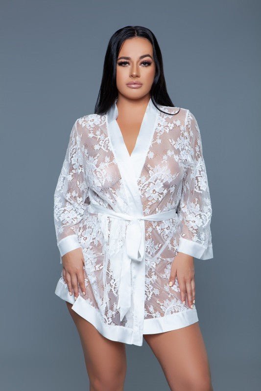 2275 Delia Robe Floral Lace Robe with Satin Trimmi - Blu Lotus Boutique