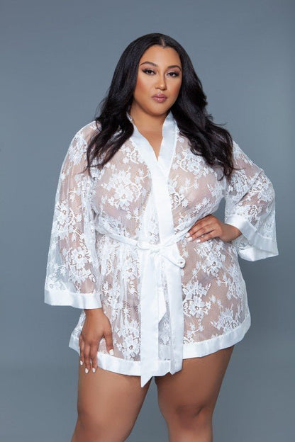 2275 Delia Robe Floral Lace Robe with Satin Trimmi - Blu Lotus Boutique
