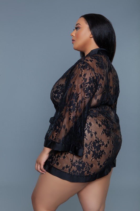 2275 Delia Robe Floral Lace Robe with Satin Trimmi - Blu Lotus Boutique