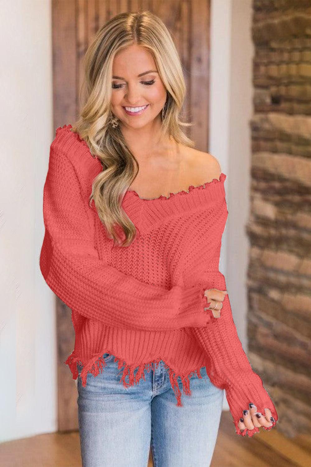 Frayed Hem Dropped Shoulder Sweater - Blu Lotus Boutique