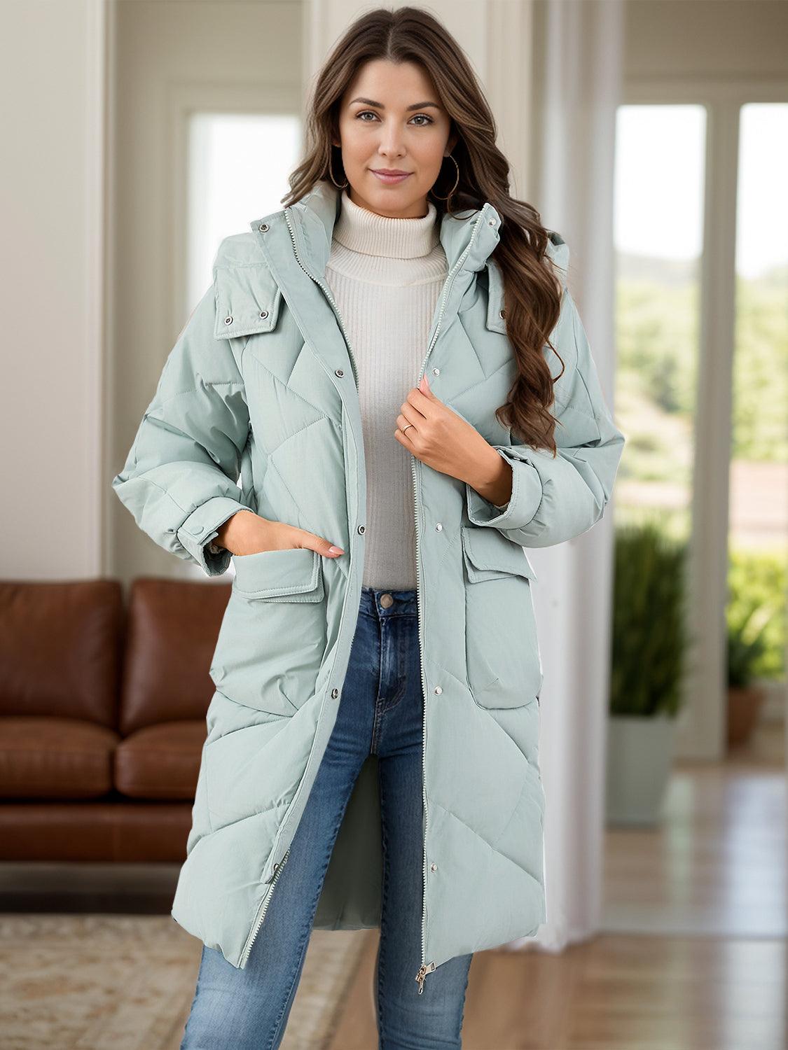 Long Sleeve Longline Hooded Winter Coat with Pockets - Blu Lotus Boutique