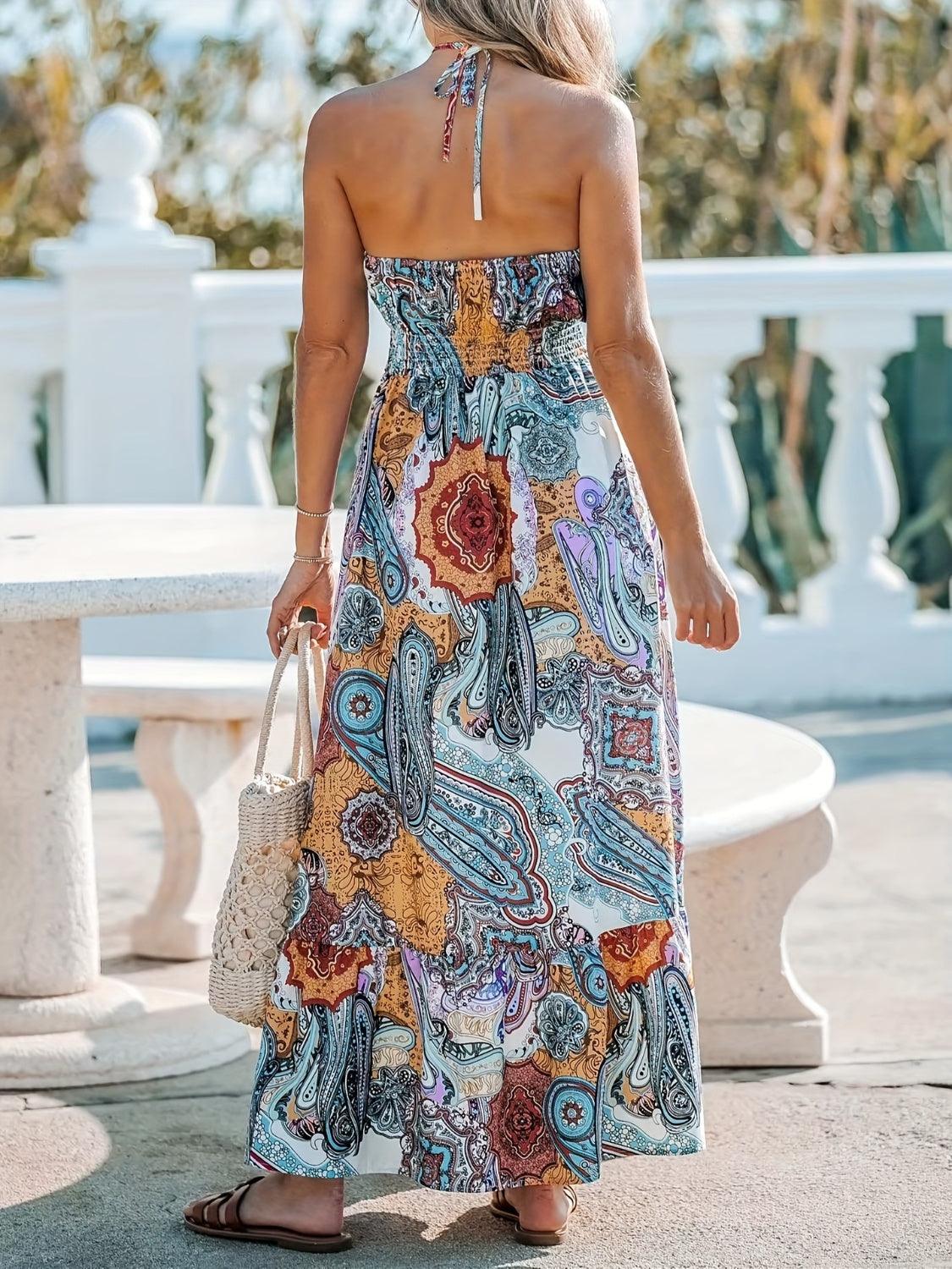 Printed Halter Neck Maxi Dress - Blu Lotus Boutique