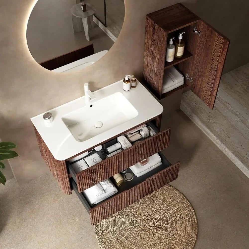 24" Nature Solid Wood Floating Bathroom Vanity with Sink, Wooden Striped Vintage Wall Mounted Bathroom Storage Cabinet Set - Blu Lotus Boutique