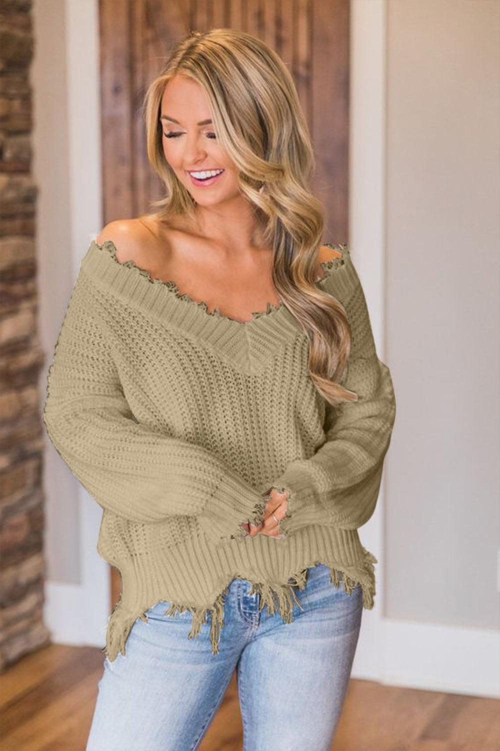 Frayed Hem Dropped Shoulder Sweater - Blu Lotus Boutique