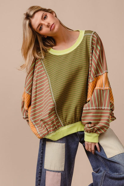 BiBi Color Block Striped Round Neck Sweatshirt - Blu Lotus Boutique