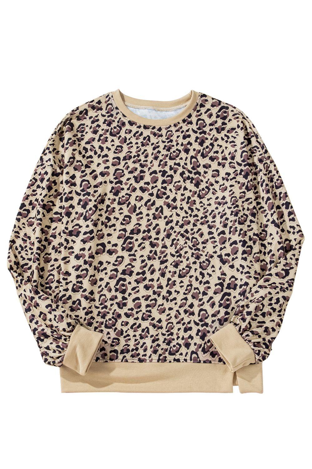 Slit Leopard Round Neck Long Sleeve Sweatshirt - Blu Lotus Boutique