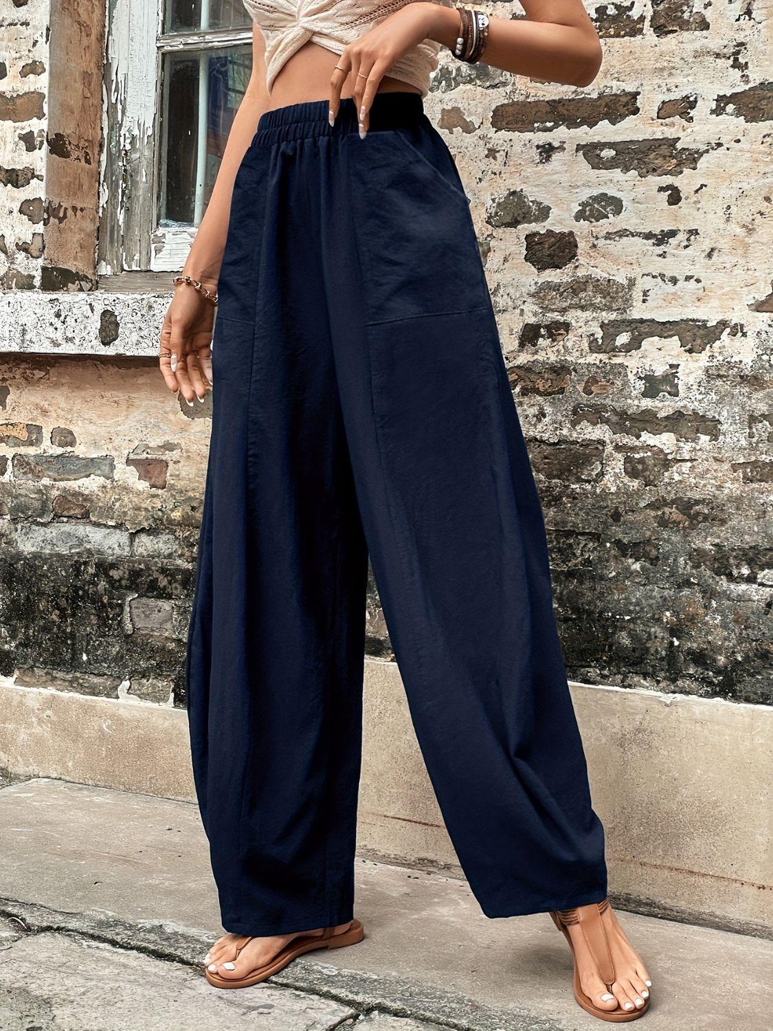 Elastic Waist Pants with Pockets - Blu Lotus Boutique