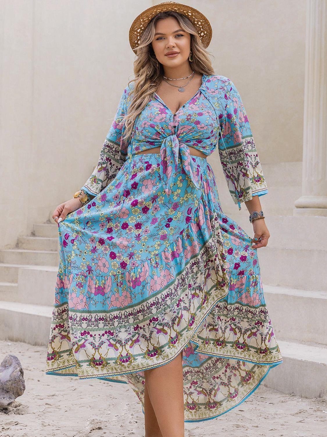 Plus Size Printed Tie Neck Top and Skirt Set - Blu Lotus Boutique