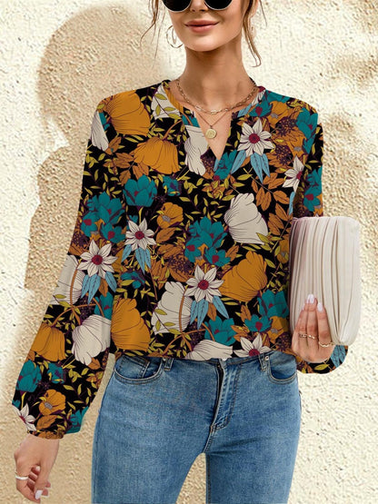 FAM-FAM Printed Notched Long Sleeve Blouse - Blu Lotus Boutique