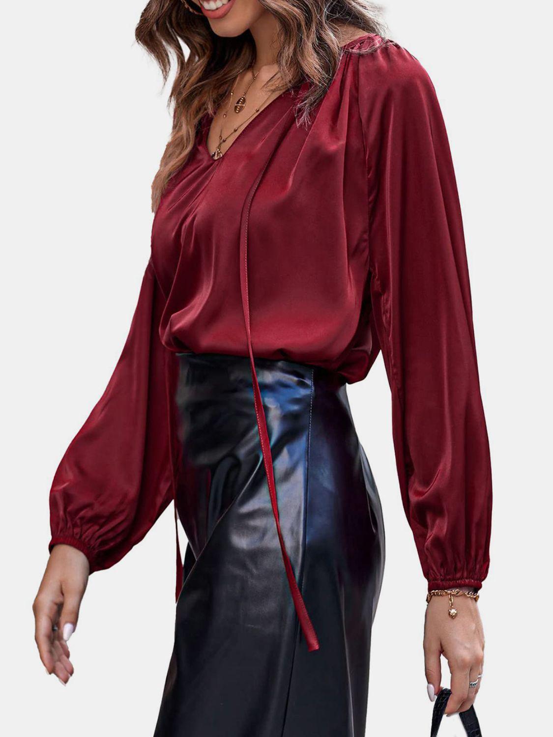 Ruched Tie Neck Balloon Sleeve Blouse - Blu Lotus Boutique