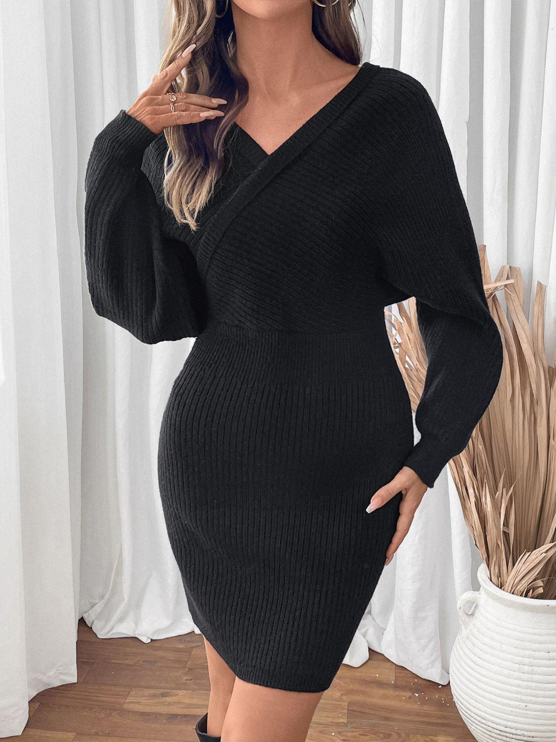 Perfee Surplice Long Sleeve Sweater Dress - Blu Lotus Boutique