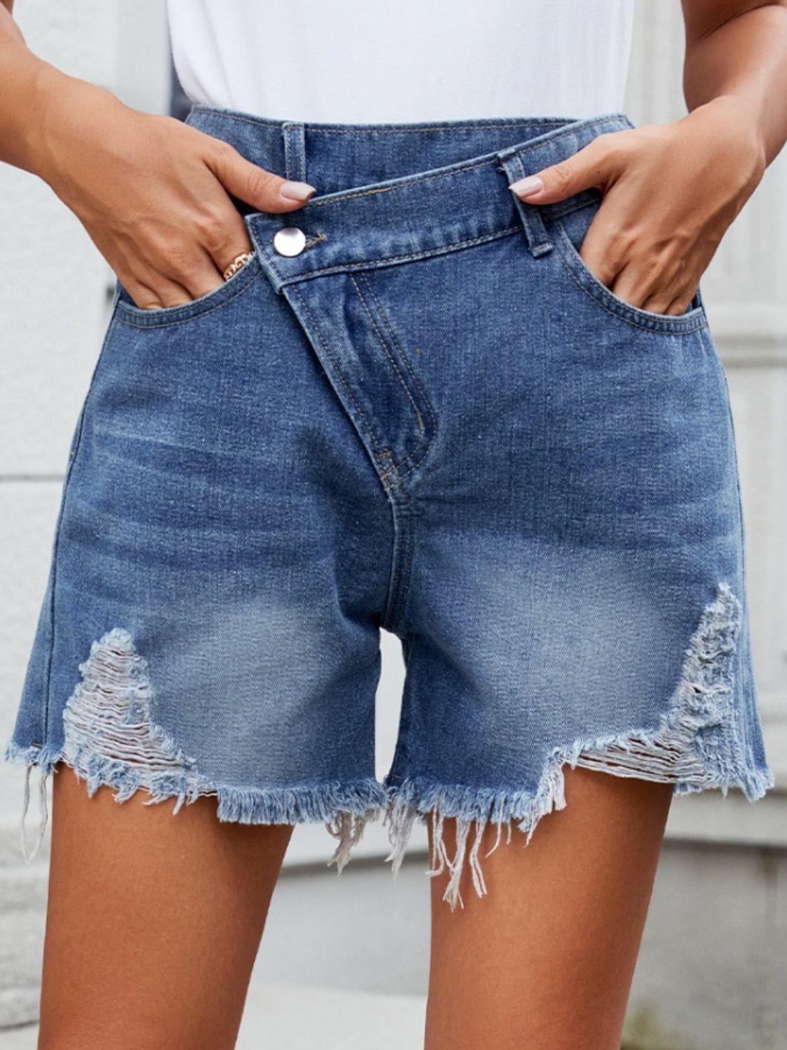 Distressed Raw Hem Asymmetric Waist Denim Shorts - Blu Lotus Boutique