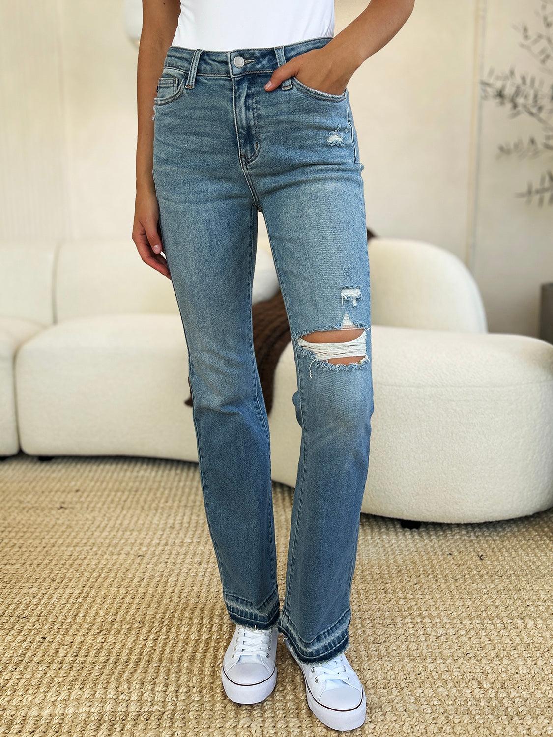 Judy Blue Full Size Mid Rise Destroyed Hem Distressed Jeans - Blu Lotus Boutique