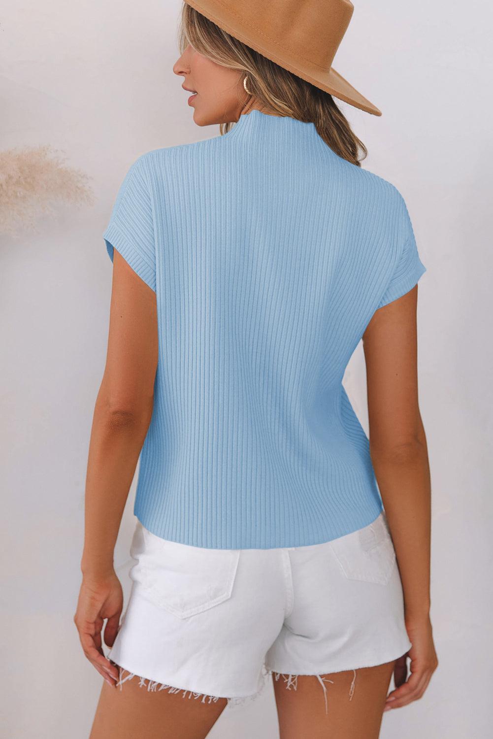 Oatmeal Patch Pocket Ribbed Knit Short Sleeve Sweater - Blu Lotus Boutique