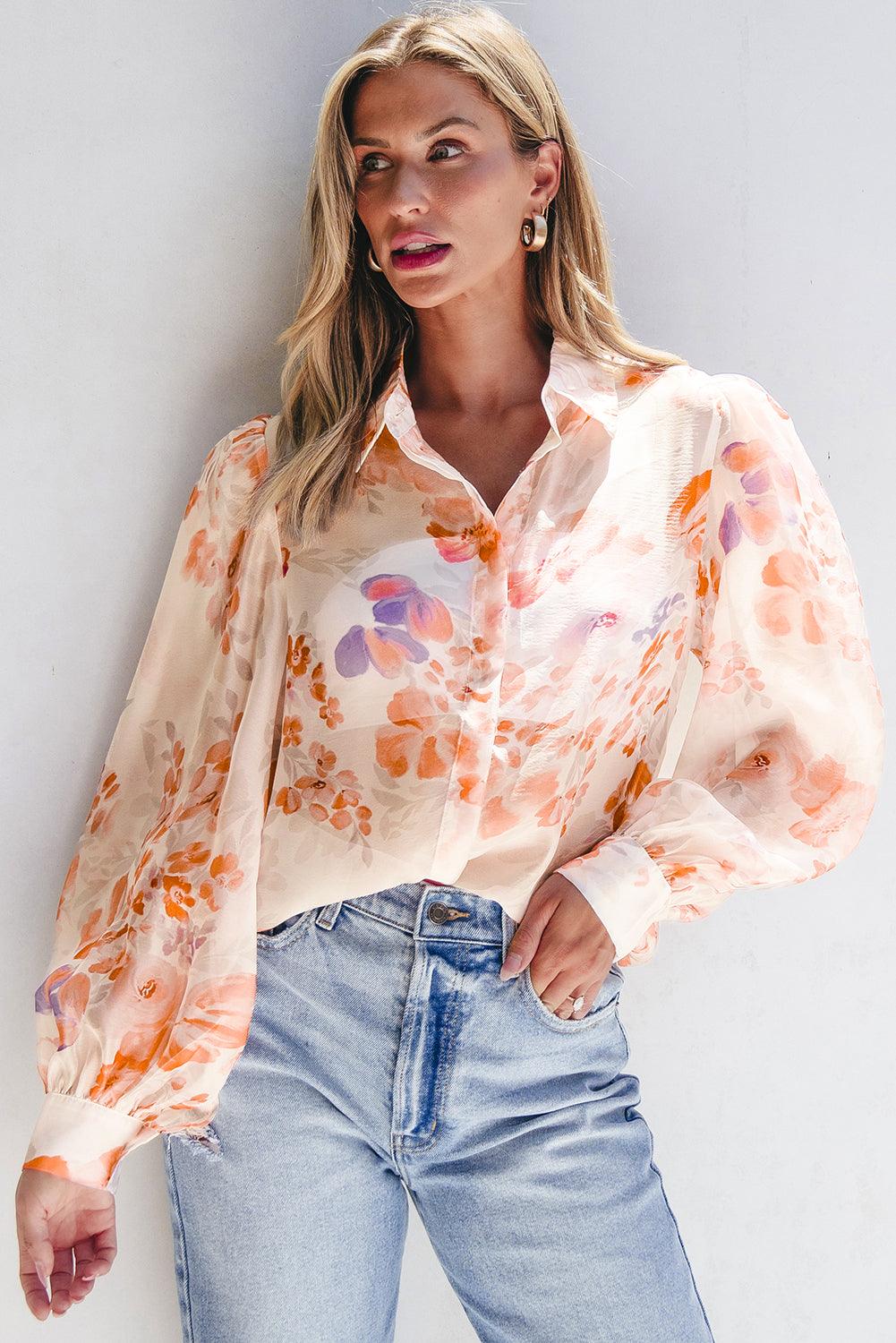 White Floral Print Collared Balloon Sleeve Loose Shirt - Blu Lotus Boutique