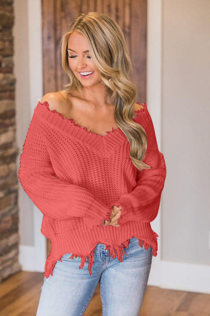 Frayed Hem Dropped Shoulder Sweater - Blu Lotus Boutique