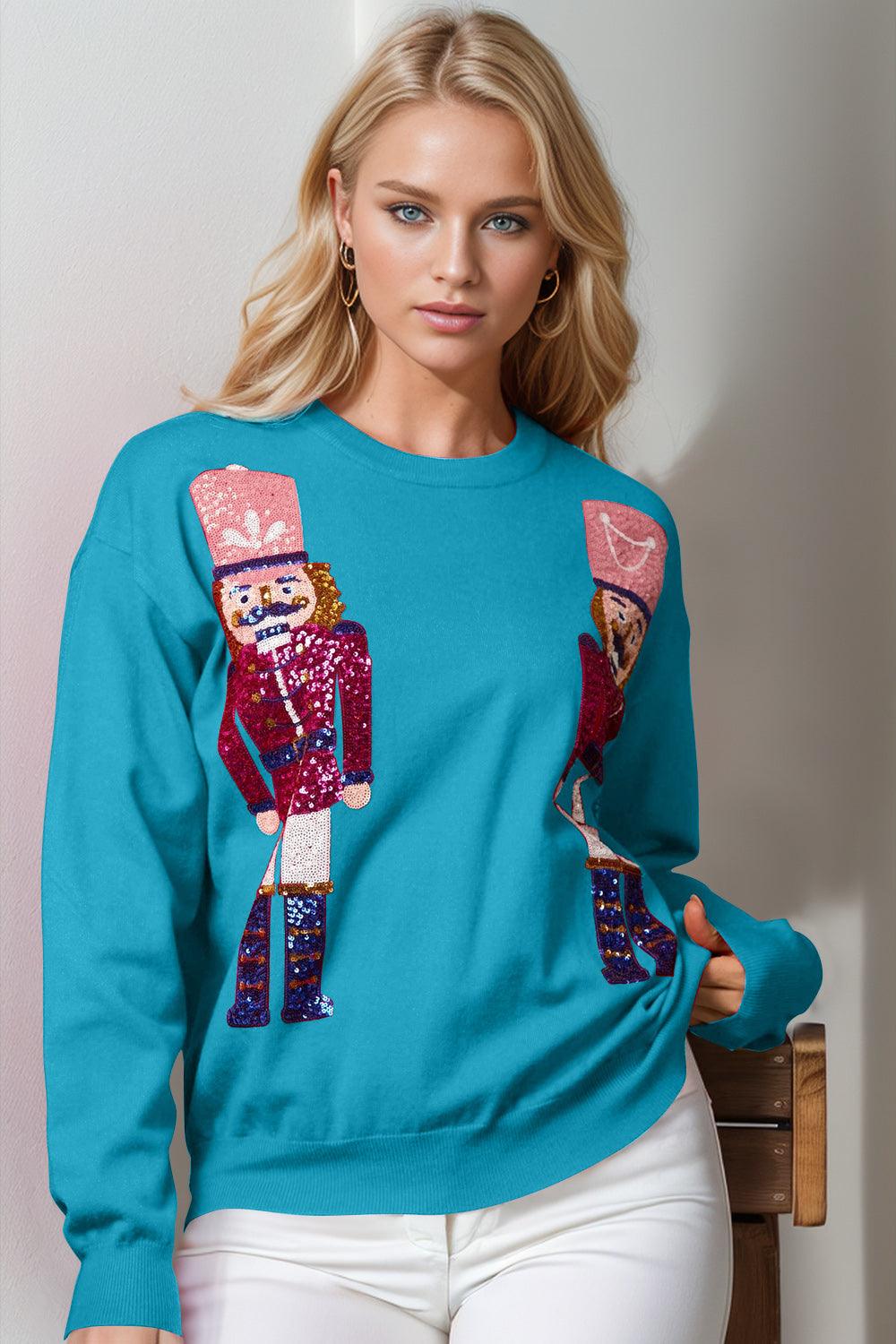 Double Take Full Size Nutcracker Sequin Long Sleeve Sweater - Blu Lotus Boutique