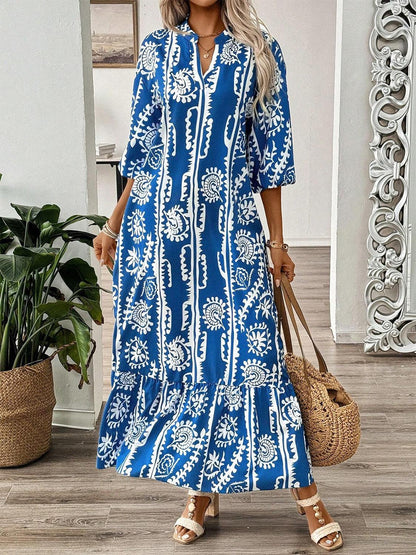 Printed Notched Half Sleeve Maxi Dress - Blu Lotus Boutique