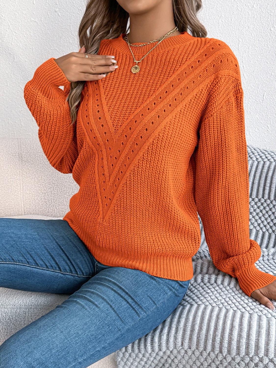 Openwork Round Neck Long Sleeve Sweater - Blu Lotus Boutique