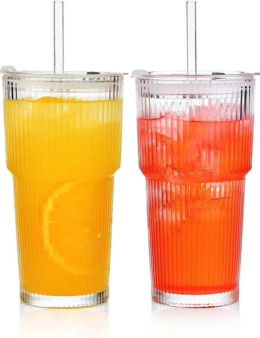 2pcs 20oz/600ml Glass Cups with Lid and Straw, Vintage Glass Cups Thickened Drinking Glasses,Thickened for iced coffees,cocktail - Blu Lotus Boutique