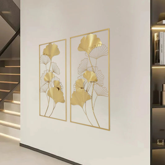 2PCS Art Wall Sculpture Nordic Leaf Wall Hanging Ornaments Gold Color Iron Ginkgo Leaves Pendant Background Decoration Crafts - Blu Lotus Boutique