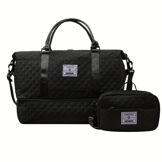 2pcs Large Capacity Travel Duffel Bag Set with Cosmetic Zipper Shoulder Bag - Lightweight Diamond Pattern Zipper Closure, Golden - Tone Hardware - Blu Lotus Boutique