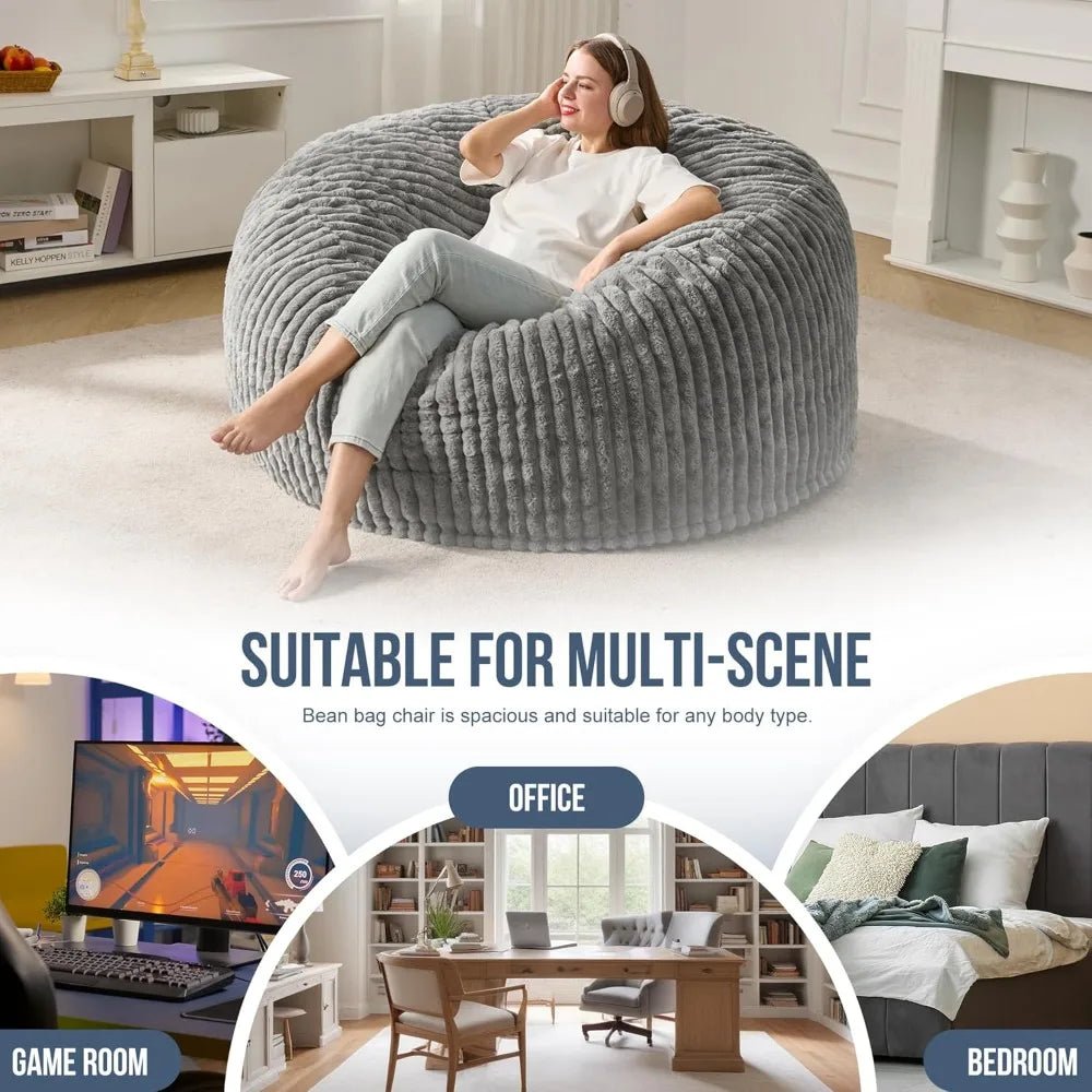 3 - 5 ft Bean Bag Chair, Adults Large Beanbag Chair w/Stripe Plush Cover Big, bean bag Chair for Living Room Bedroom Dorm Office - Blu Lotus Boutique