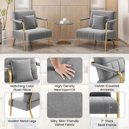 30" W Accent Chair Velvet Oversized Armchair Living Room Chair with Golden Frame & Cozy Pillow for Living Room, Bedroo Bedroom - Blu Lotus Boutique