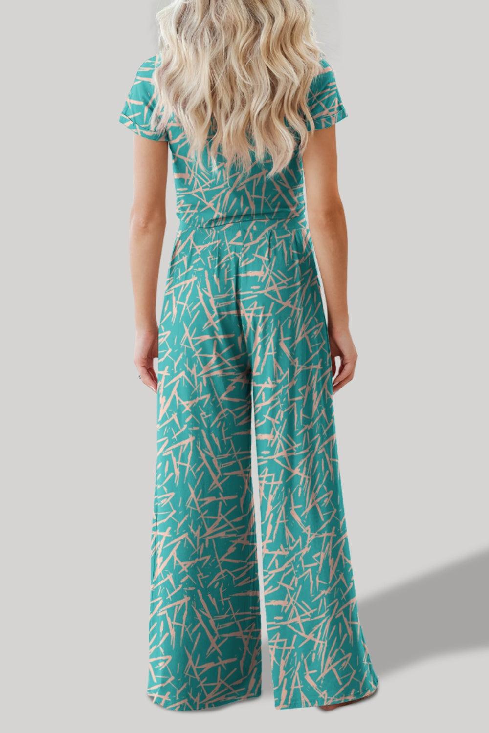 FAM-FAM Printed Round Neck Short Sleeve Top and Pants Set - Blu Lotus Boutique