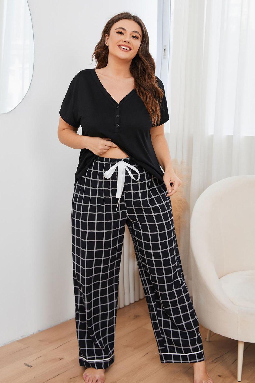 Plus Size V-Neck Top and Plaid Pants Lounge Set - Blu Lotus Boutique